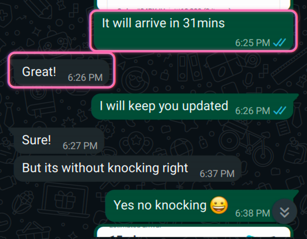 Food delivery · we tracked the arrival time and the “leave at the door, no knock” request, live