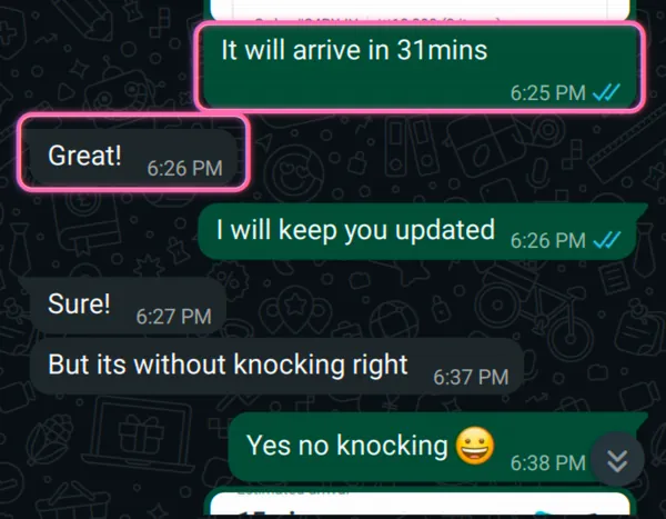 Food delivery · we tracked the arrival time and the “leave at the door, no knock” request, live