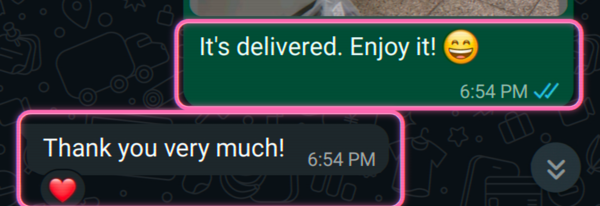 Food delivery · delivered, “thank you so much ❤️”