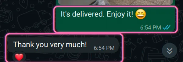 Food delivery · delivered, “thank you so much ❤️”